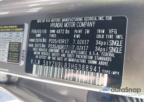 2017 Hyundai Santa Fe Sport 2.4L from USA, damaged, VIN 5XYZU3LB3HG388941